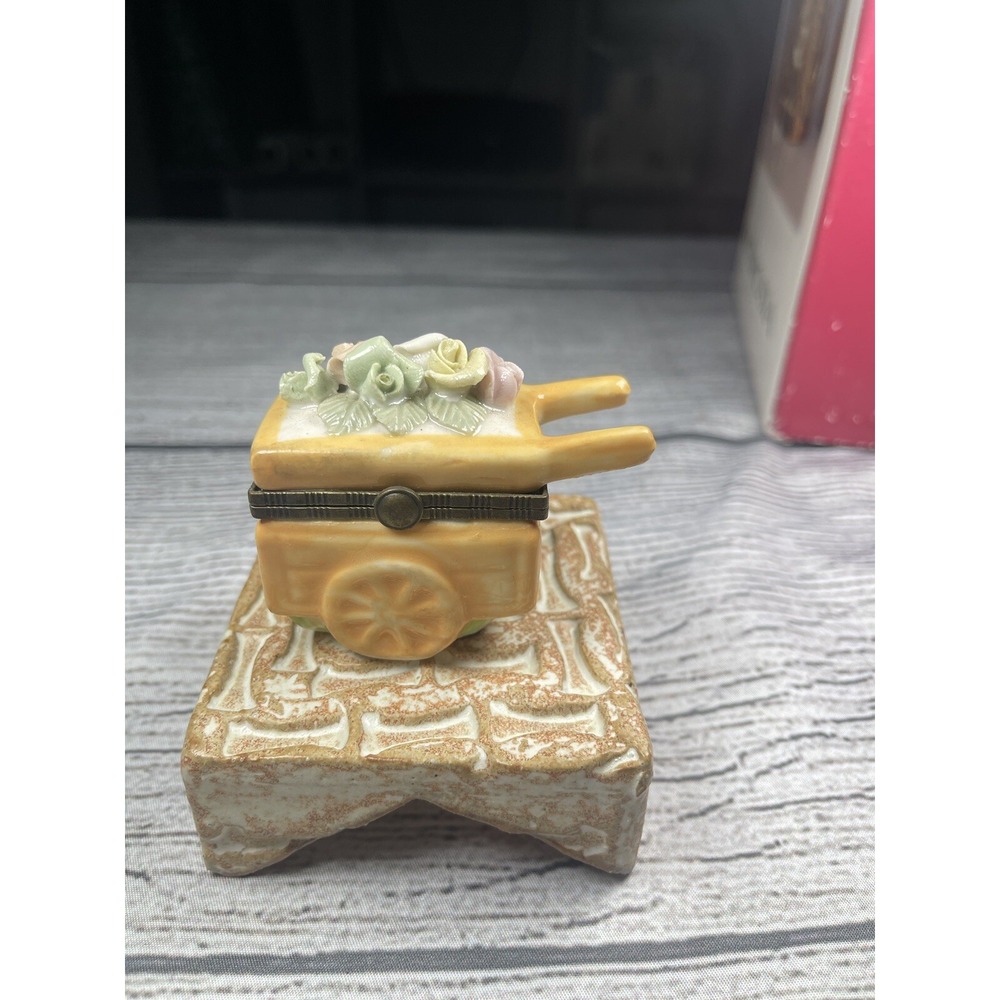 Trinket Box  Porcelain Unmarked Wheel Barrow Hinged Very Nice Flowers